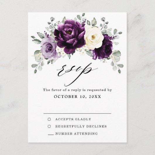 Eggplant Paars Plum Ivory White Floral RSVP Briefkaart (Voorkant)