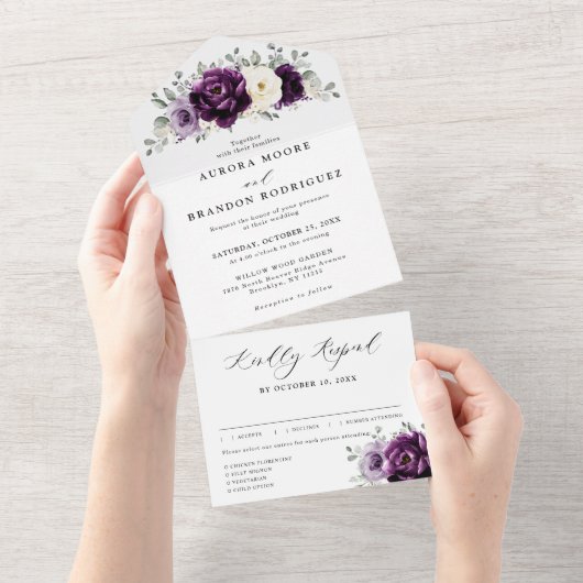 Eggplant Paars Plum Ivory White Floral Wedding All In One Uitnodiging (Afscheurbaar)