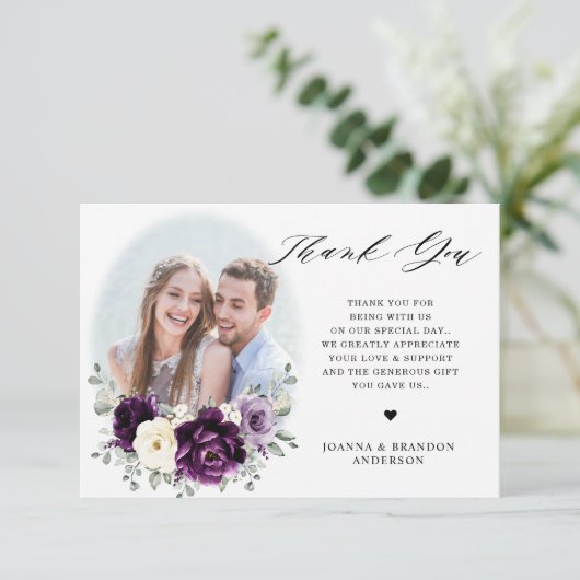 Eggplant Paars Plum Ivory White Floral Wedding Bedankkaart (Staand voorkant)
