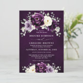 Eggplant Paars plum ivory White Floral Wedding in Kaart (Staand voorkant)