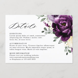 Eggplant Paars Plum Ivory White Floral Wedding Informatiekaartje