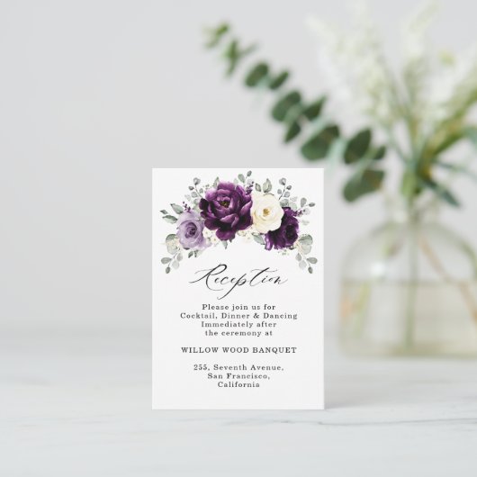 Eggplant Paars Plum Ivory White Floral Wedding Informatiekaartje (Staand voorkant)