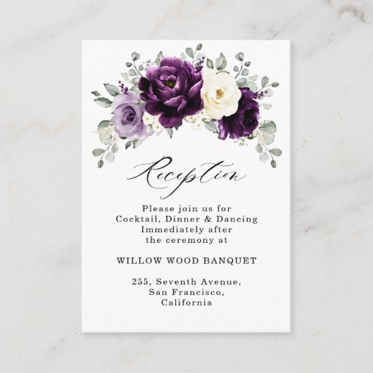 Eggplant Paars Plum Ivory White Floral Wedding Informatiekaartje (Voorkant)