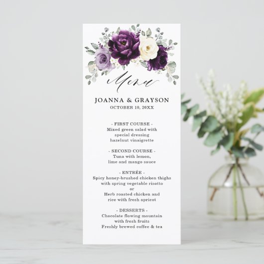 Eggplant Paars Plum Ivory White Floral Wedding Menu (Staand voorkant)