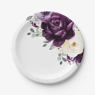 Eggplant Paars Plum Ivory White Floral Wedding Papieren Bordje