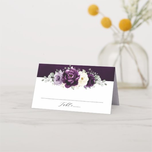 Eggplant Paars Plum Ivory White Floral Wedding Pl Plaatskaartje (Voorkant)