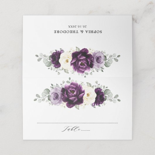 Eggplant Paars Plum Ivory White Floral Wedding Plaatskaartje (Buitenkant ongevouwen)