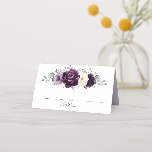 Eggplant Paars Plum Ivory White Floral Wedding Plaatskaartje (Voorkant)