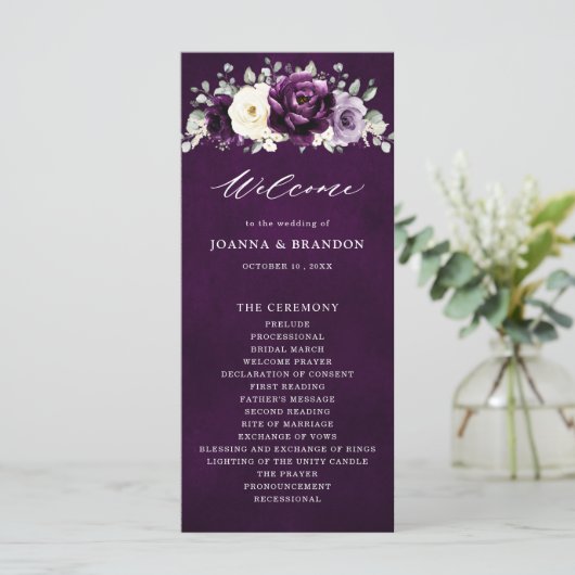Eggplant Paars Plum Ivory White Floral Wedding Pr Programmakaart (Staand voorkant)
