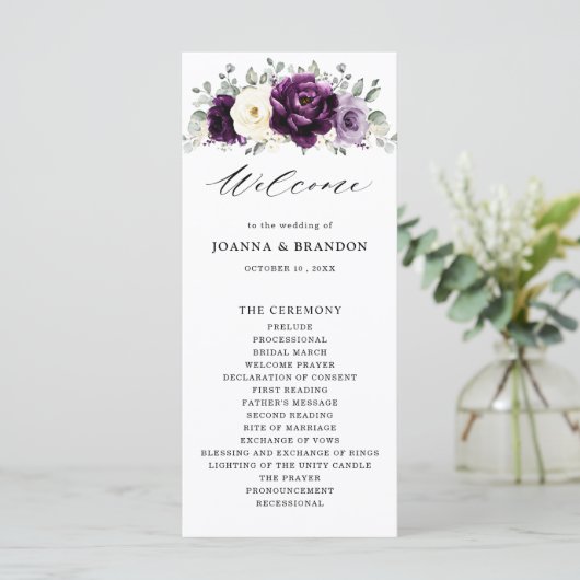 Eggplant Paars Plum Ivory White Floral Wedding Programmakaart (Staand voorkant)