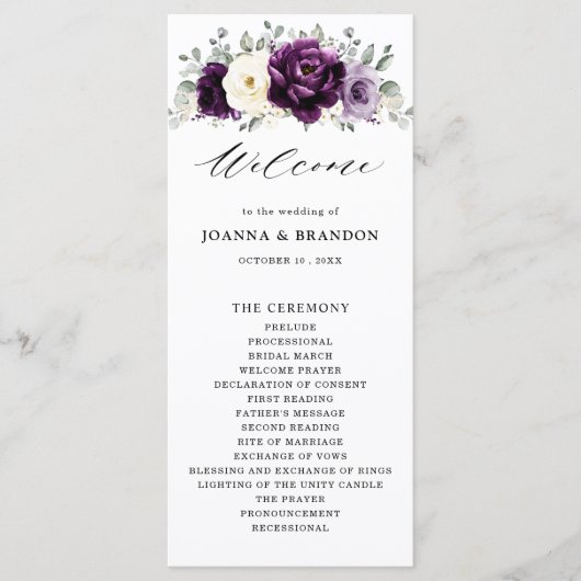 Eggplant Paars Plum Ivory White Floral Wedding Programmakaart (Voorkant)
