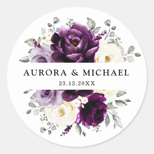 Eggplant Paars Plum Ivory White Floral Wedding Ronde Sticker (Voorkant)