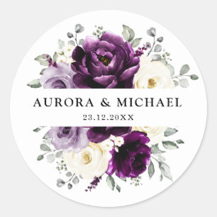 Eggplant Paars Plum Ivory White Floral Wedding Ronde Sticker