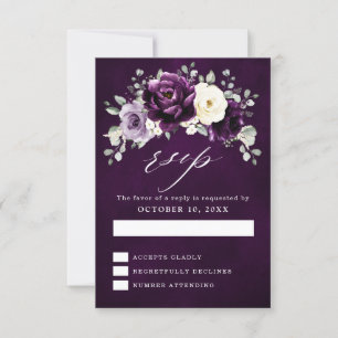 Eggplant Paars Plum Ivory White Floral Wedding RS RSVP Kaartje