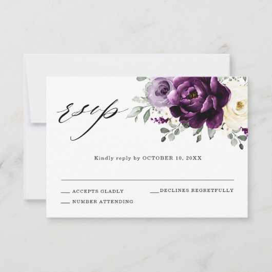 Eggplant Paars Plum Ivory White Floral Wedding RSVP Kaartje (Voorkant)