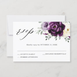 Eggplant Paars Plum Ivory White Floral Wedding RSVP Kaartje