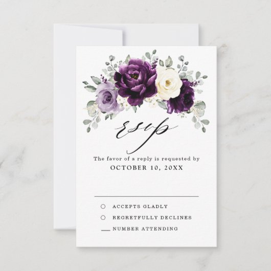 Eggplant Paars Plum Ivory White Floral Wedding RSVP Kaartje (Voorkant)