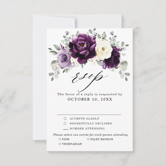 Eggplant Paars Plum Ivory White Floral Wedding RSVP Kaartje (Voorkant)