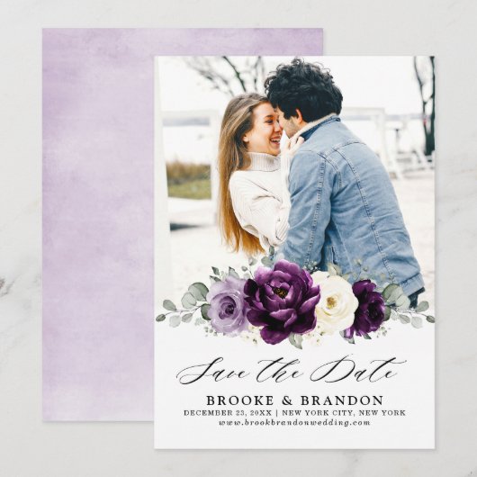 Eggplant Paars Plum Ivory White Floral Wedding Save The Date (Voorkant / Achterkant)