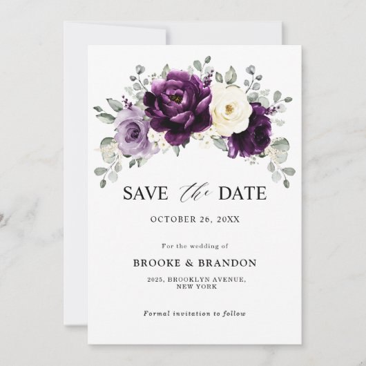 Eggplant Paars Plum Ivory White Floral Wedding Save The Date (Voorkant)