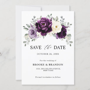 Eggplant Paars Plum Ivory White Floral Wedding Save The Date