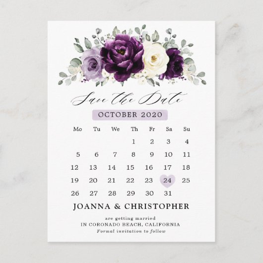 Eggplant Paars Plum Ivory White Save the Date Briefkaart (Voorkant)