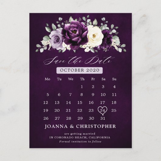 Eggplant Paars Plum Ivory White Save the Date Briefkaart (Voorkant)