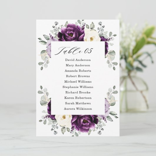 Eggplant Paars Plum Ivory White Seating Chart Kaart (Staand voorkant)