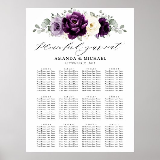 Eggplant Paars Plum Ivory White Seating Chart Poster (Voorkant)