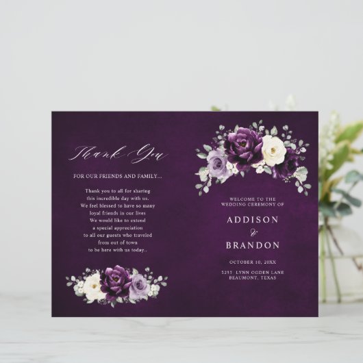 Eggplant Paars Plum Ivory White Wedding Programme (Staand voorkant)