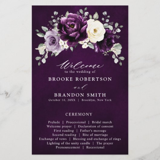 Eggplant Paars Plum Ivory White Wedding Programme (Voorkant)