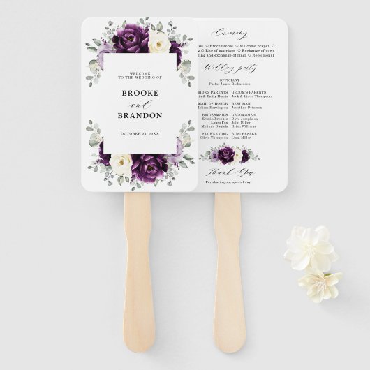 Eggplant Paars Plum Ivory White Wedding Programme Handwaaier (Voorkant en achterkant)
