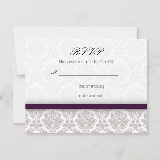 Eggplant Paarse Damask Bow Wedding RSVP (Voorkant)