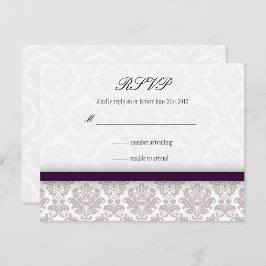 Eggplant Paarse Damask Bow Wedding RSVP (Voorkant / Achterkant)