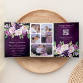 Eggplant Paarse Floral QR Code Dark Moody Wedding Drieluik Uitnodiging