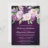Eggplant Paarse Floral QR Code Dark Moody Wedding Kaart (Voorkant)