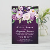 Eggplant Paarse Floral QR Code Dark Moody Wedding Kaart (Staand voorkant)