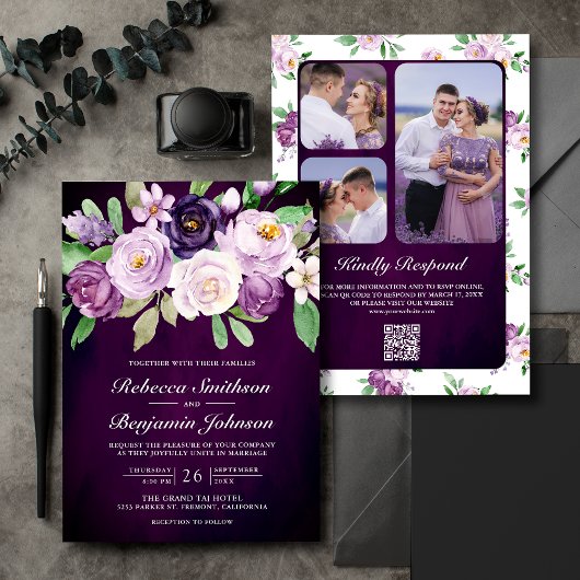 Eggplant Paarse Floral QR Code Dark Moody Wedding Kaart