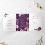 Eggplant Paarse Floral Tri-Fold Wedding Invitation Drieluik Uitnodiging<br><div class="desc">Romantische bloemen in tinten van rijke bruine, zachte lila, diepe aubergineachtige paarse en roze orchidee met moderne groene botanica zoals ferns en eucalyptus. Een diepe, paarse waterverf achtergrond stropdassen het allemaal samen met elegante typografie in deze romantische trouwuitnodigingen. Het slimme drievoudig ontwerp omvat een briefkaart RSVP en neemt allen in...</div>