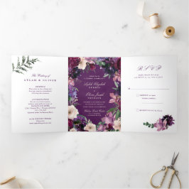 Eggplant Paarse Floral Tri-Fold Wedding Invitation Drieluik Uitnodiging