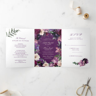 Eggplant Paarse Floral Tri-Fold Wedding Invitation Drieluik Uitnodiging