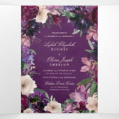 Eggplant Paarse Floral Tri-Fold Wedding Invitation Drieluik Uitnodiging (Binnenkant midden)