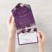 Eggplant Paarse Floral Wedding All In One Uitnodiging (Afscheurbaar)