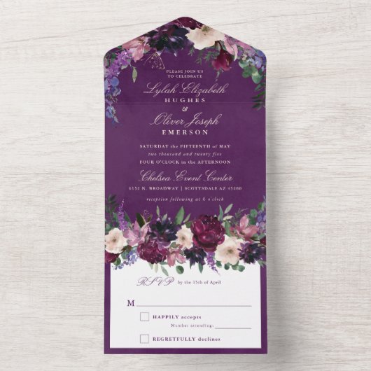 Eggplant Paarse Floral Wedding All In One Uitnodiging (Binnen)