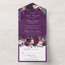 Eggplant Paarse Floral Wedding All In One Uitnodiging