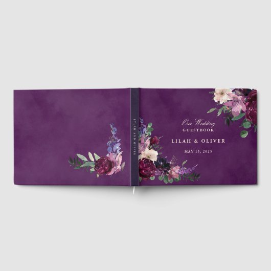 Eggplant Paarse Floral Wedding Guest Book Gastenboek (Volledig)