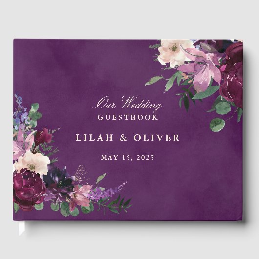 Eggplant Paarse Floral Wedding Guest Book Gastenboek (Voorkant)