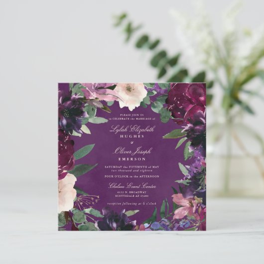 Eggplant Paarse Floral Wedding Kaart (Staand voorkant)