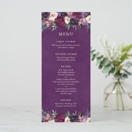 Eggplant Paarse Floral Wedding Menu (Staand voorkant)