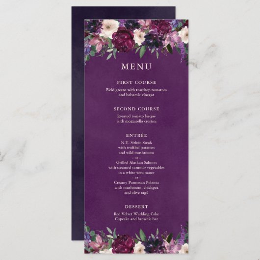 Eggplant Paarse Floral Wedding Menu (Voorkant / Achterkant)
